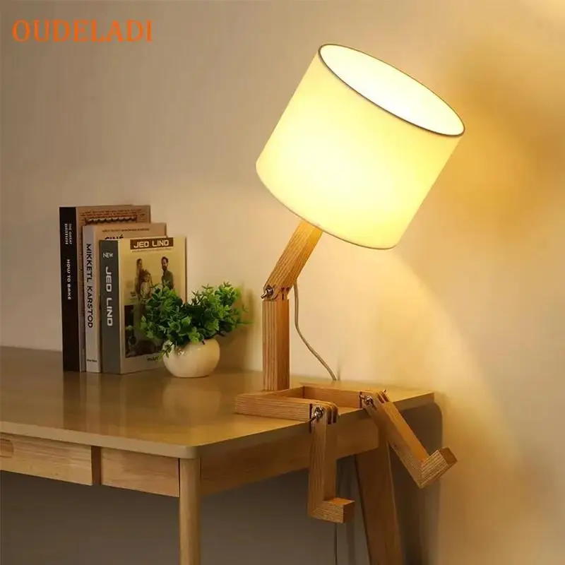

Robot Shape Wooden Table Lamp E14 Lamp Holder 110-240V Livring Room Cloth Art Wood Desk Lamp Indoor Study Night Light