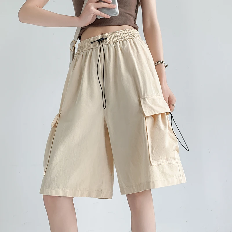 

Summer Pink Drawstring High Waist Cargo Shorts Women 2023 Casual Loose Big Pockets Shorts Street Style Chic Female Shorts