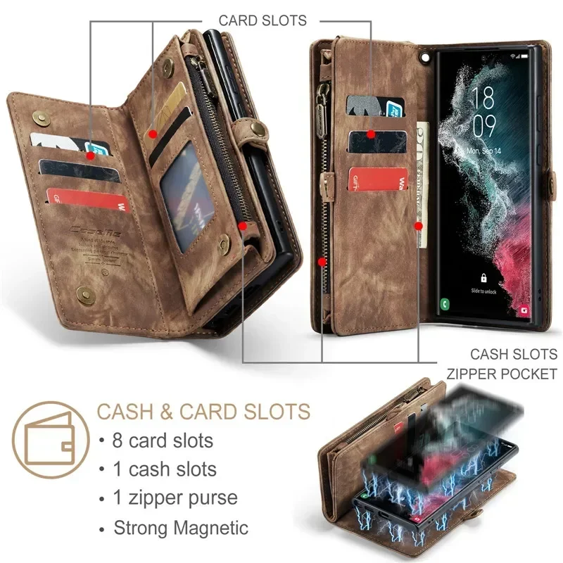 Luxury Leather Flip Wallet Phone Case with Zippered Card Holder