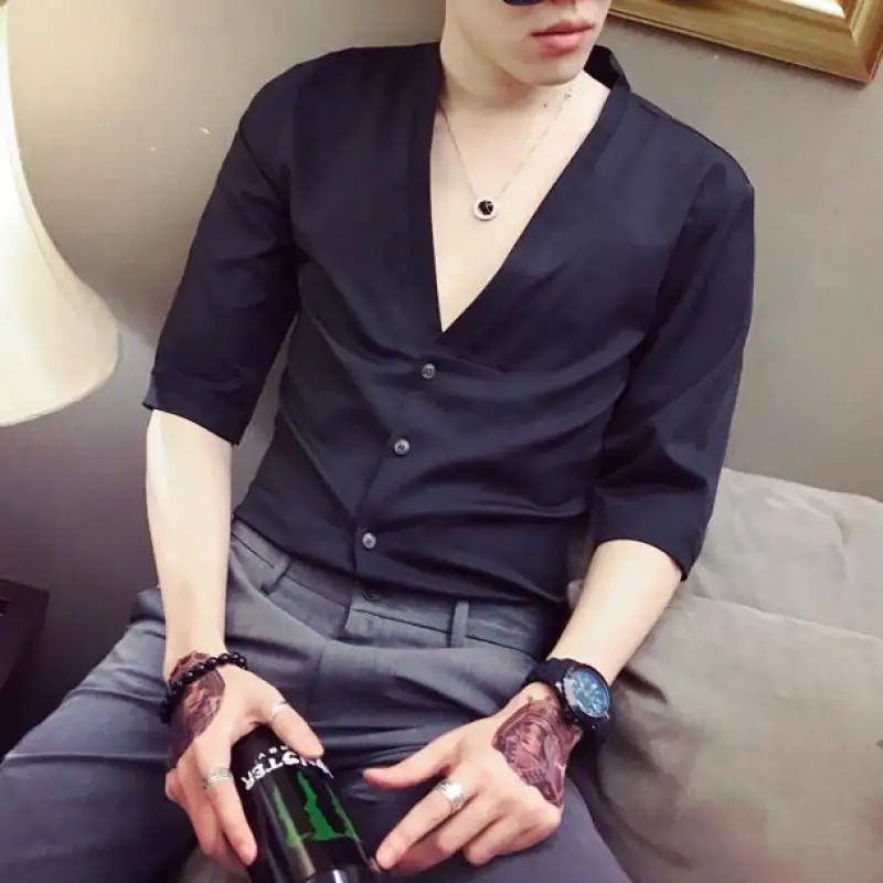 

2022 Summer Big Collar Sexy Black Shirts For Mens Deep V-neck Party Dress Social Club Outfits Slim Fit Stylish Clothes White Top