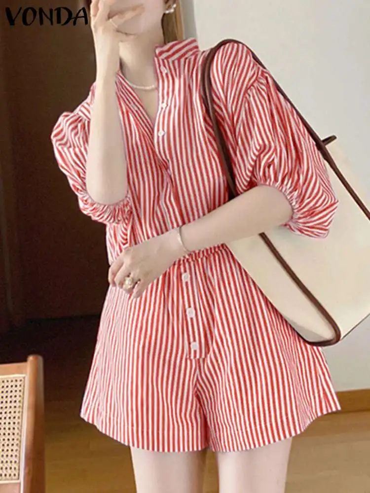 

VONDA Fashion Summer Short Jumpsuits Women Striped Printed Playsuits 2024 Casual Short Puff Sleeve Overalls High Waist Rompers