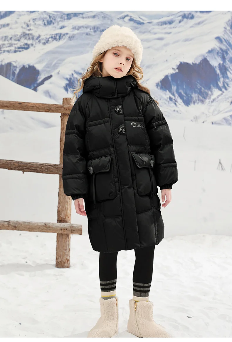 Winter New Printed Solid Color Thick Windproof and Warm Hoodie Long Fashion and Handsome Down Jacket for 4-14 Years