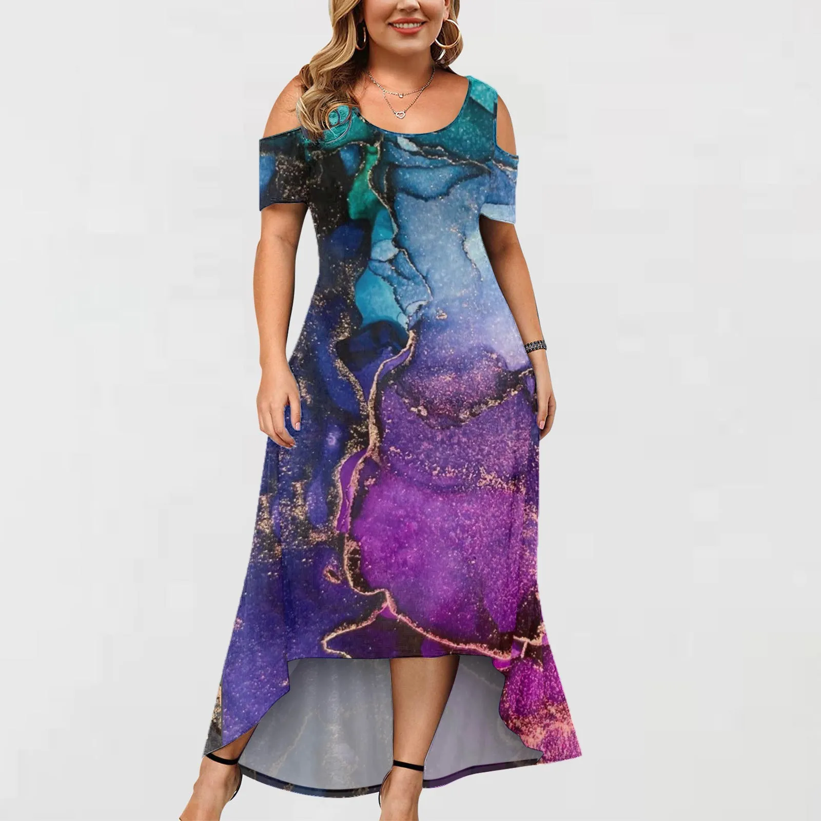 

Womens Large Size Dress Crew Neck Off Shoulder Short Sleeve Printed Casual Skirt Dress Skinny Ruched Beach
