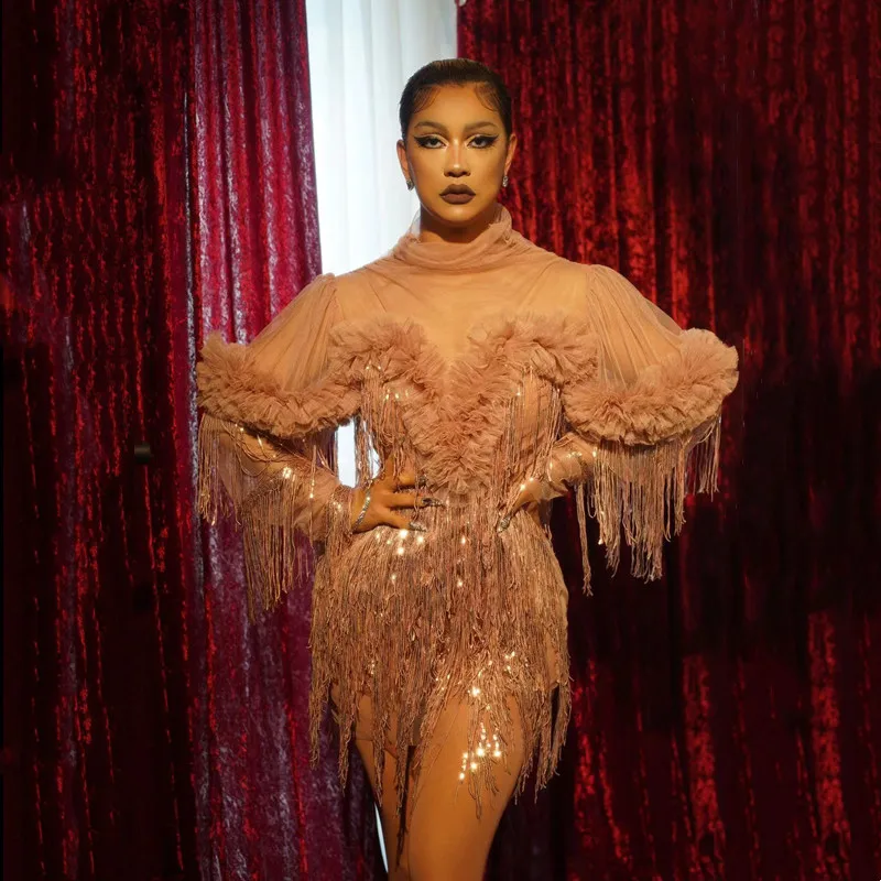 

Women Sequin Fringe Mesh Prom Birthday Dress Sexy Evening Party See Through Long Sleeve Tassel Dress Stage Queen Costume