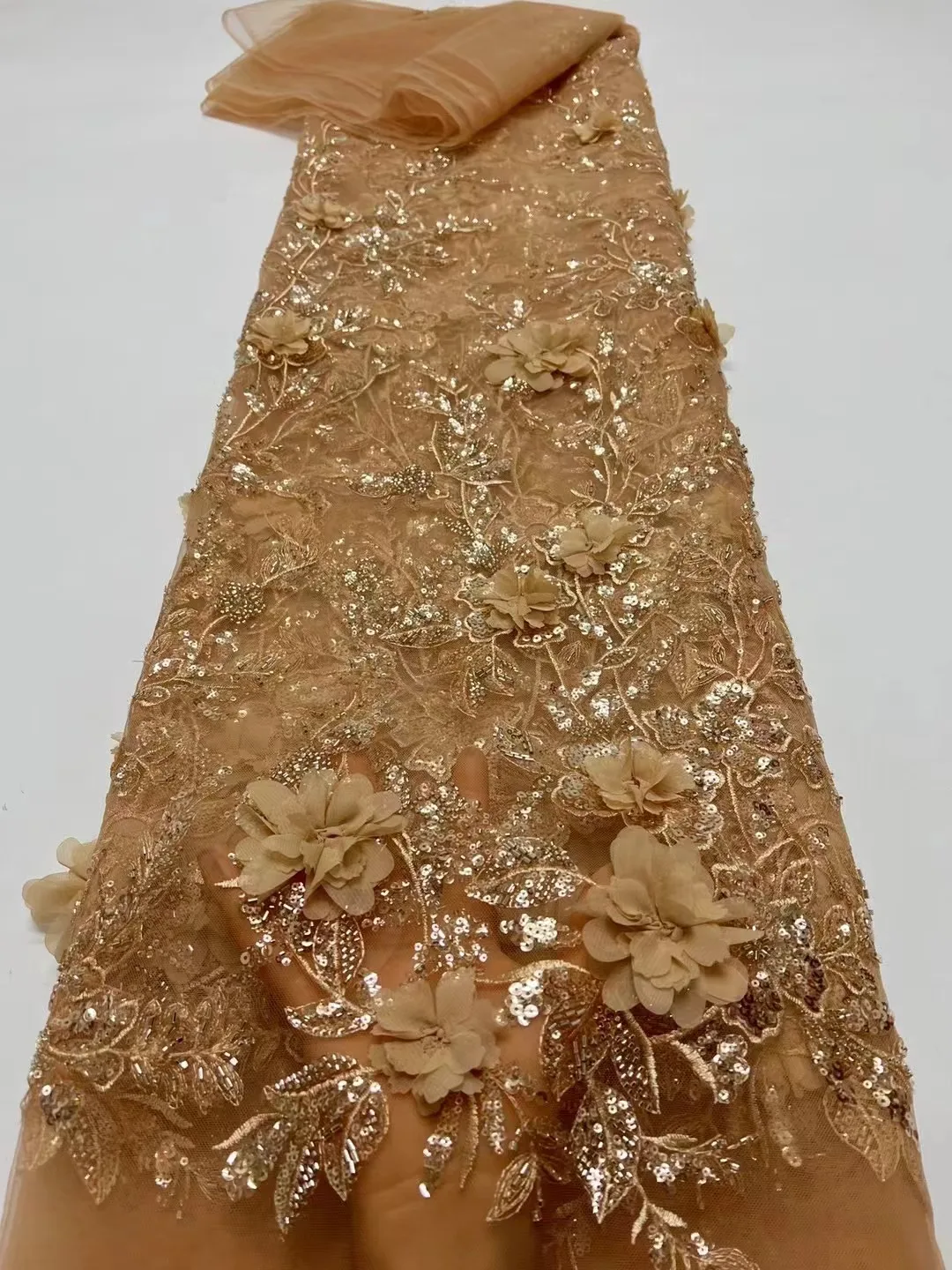 

African Nigerian Beads Lace Fabric 2024 High Quality French 3d Flowers Sequins Lace Fabric For Party Women Evening Dress