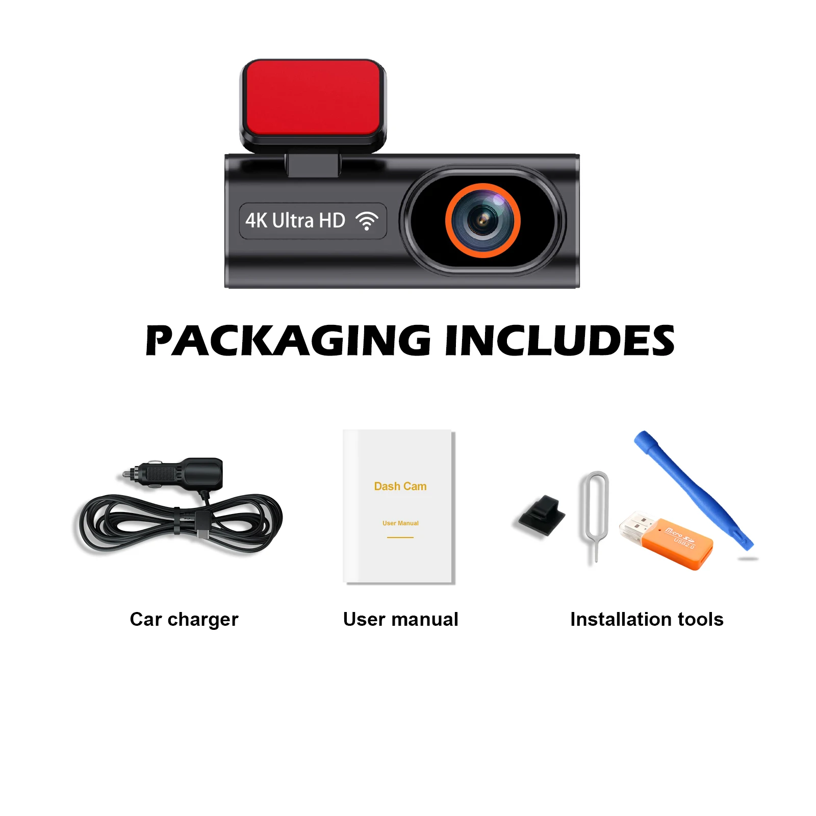 מצלמת רכב קדמית Ultra HD 4K Mini WIFI DVR בצבע שחור עם מעקב חניה 24 שעות ראיית לילה, GPS / מצלמת תצוגה אחורית אופציונלית