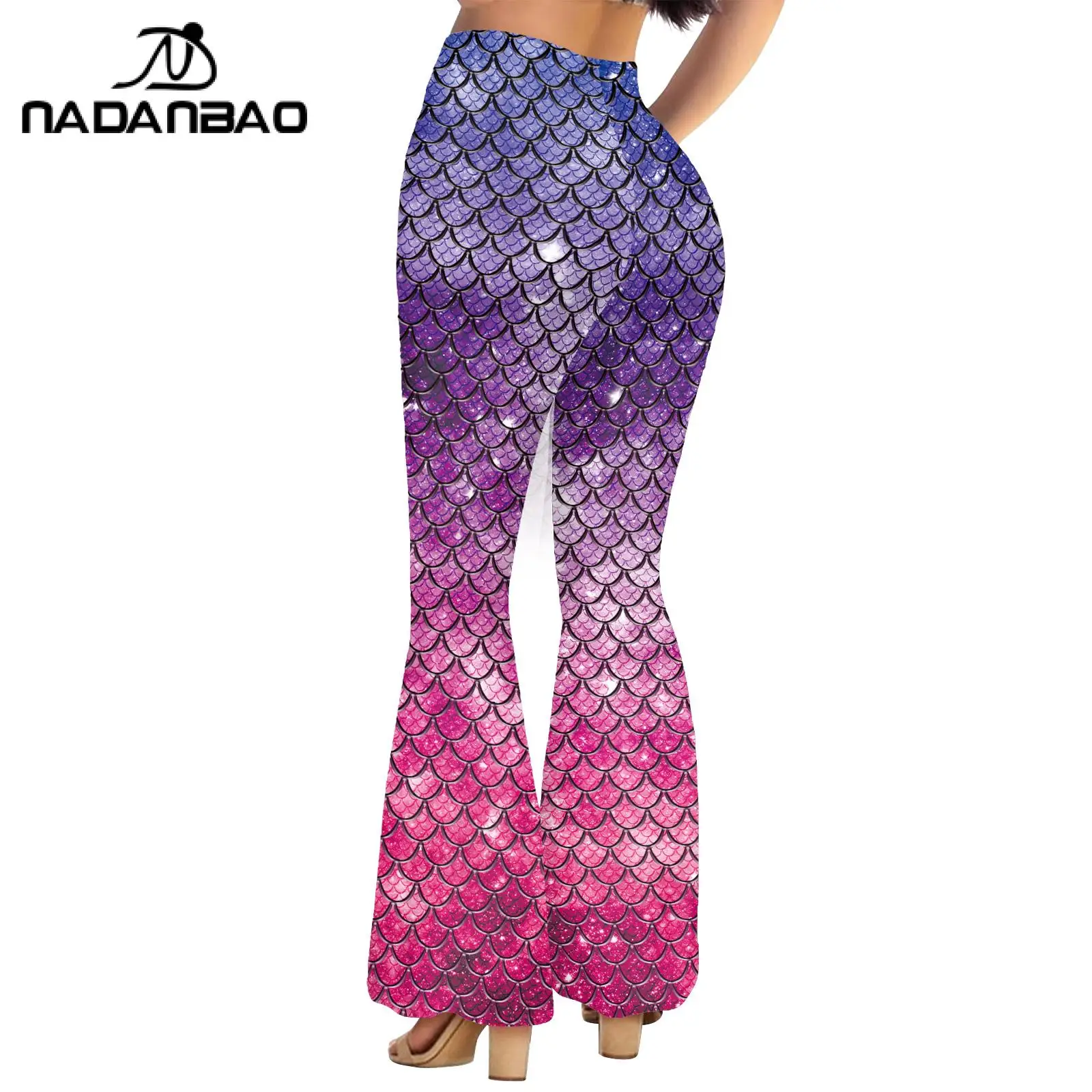 Nadanbao Pink Mermaid Flare Pants for Women Fish Scales 3D Digital Print Trousers Fashion Casual Streetwear Spring Autumn Bottom 2
