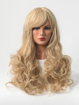 24 Inch Women’s Wig Realistic Natural Headpiece Blonde Long Curly Bangs Wig
