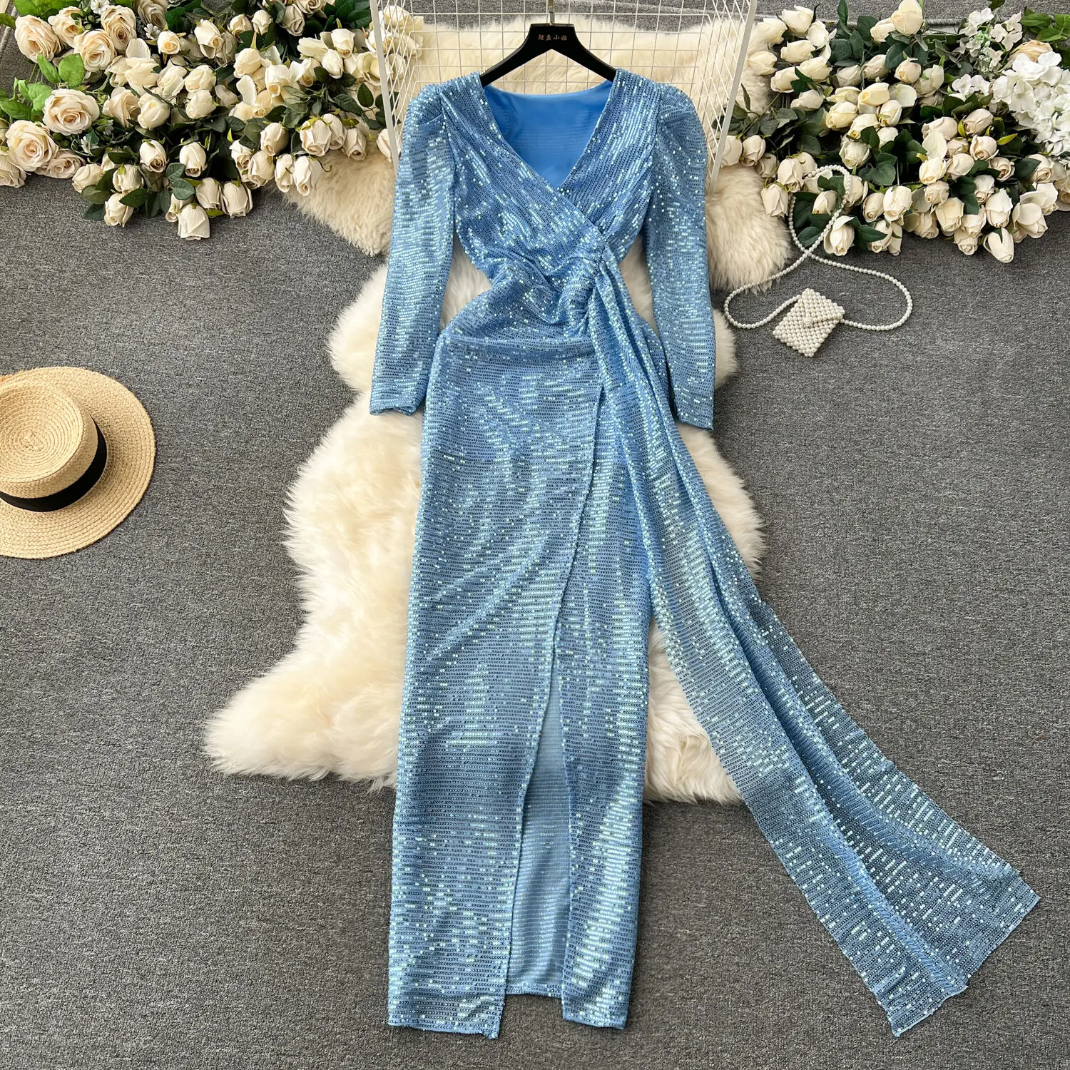 

Luxury Sparkly Floor Long Dress Ladies' Temperament Unique Design Glittering Sequins Dress Blue Trendy Evening Party Prom Dress