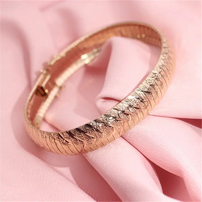 

New In 585 Purple Gold Bracelet for Women Wide Edition Vintage Design Plated 14K Rose Gold Bangles Banquet Jewelry Opening