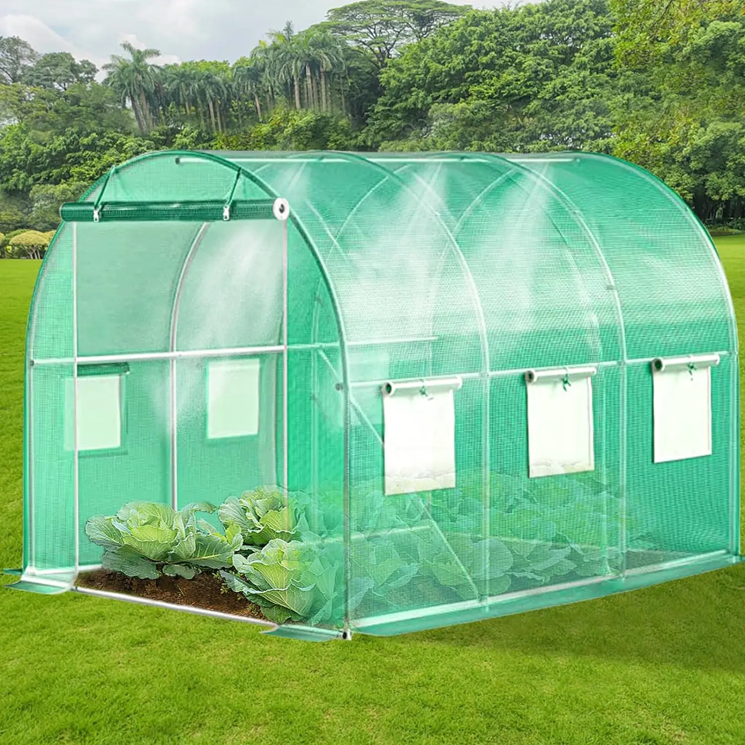 

7 Ft Walk-in Tunnel Greenhouse with Watering System Heavy Duty Portable Green House Protect Gardening Plants 1 Zipper Mesh Door