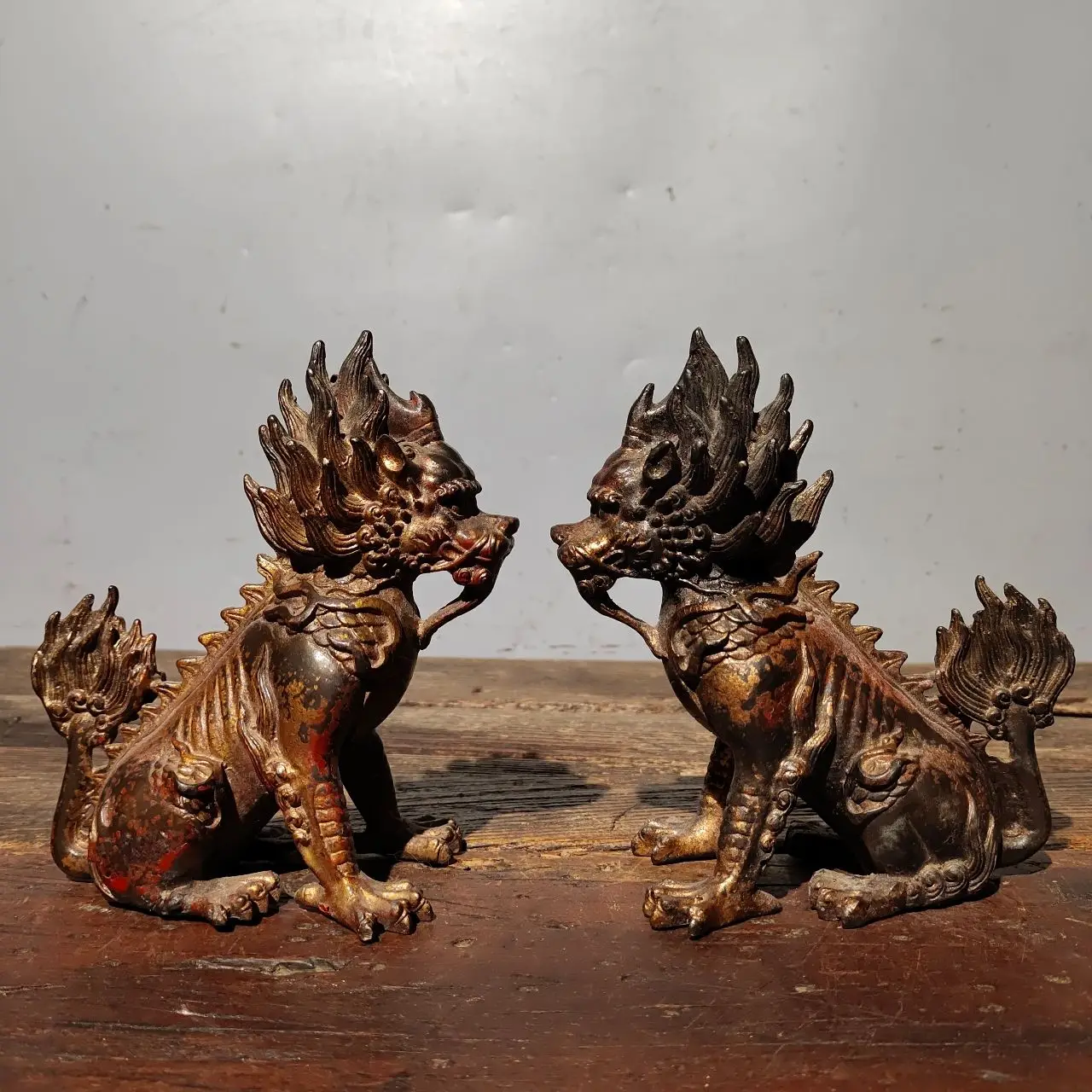 

6"Tibetan Temple Collection Old Bronze Cinnabar Mud gold fire Kirin Unicorn Statue a pair Gather fortune ornament Town house