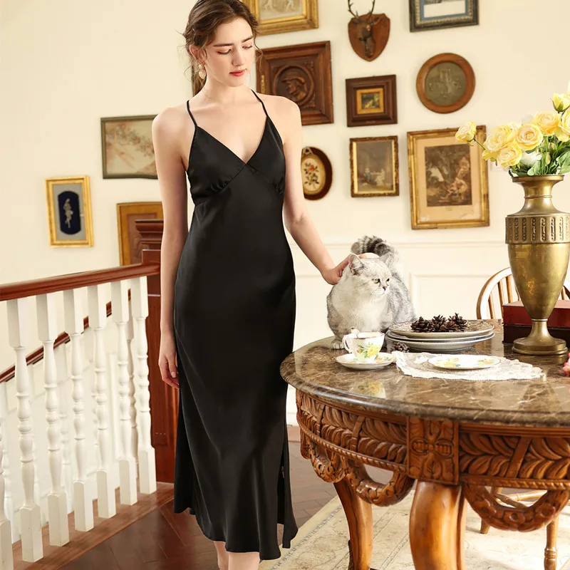 

Summer French Sling Split Nightdress Beach Dress Sleepwear Satin Nightgown For Women Homewear Nightwear