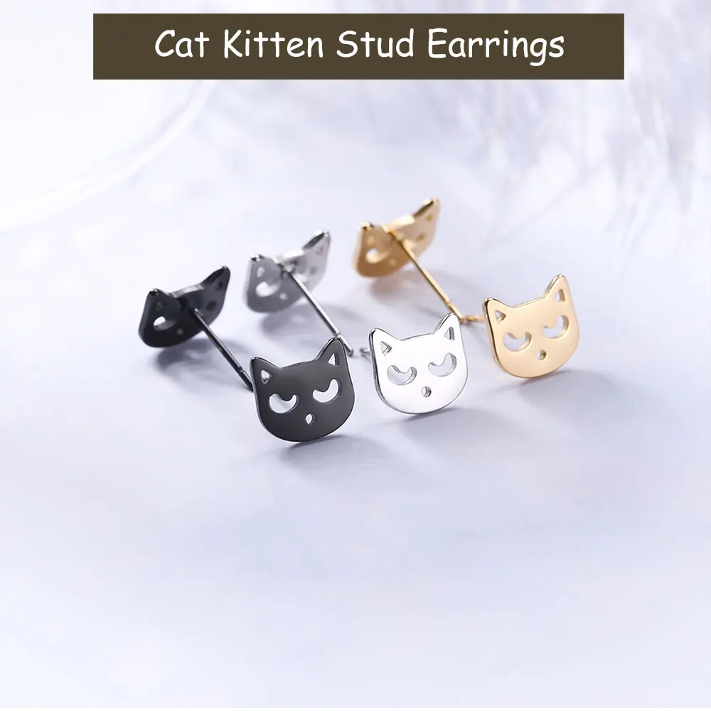 Cute Small Cat Kitten Stud Earrings Stainless Steel Gold Color Earrings for Women Girls - PeticaDeals