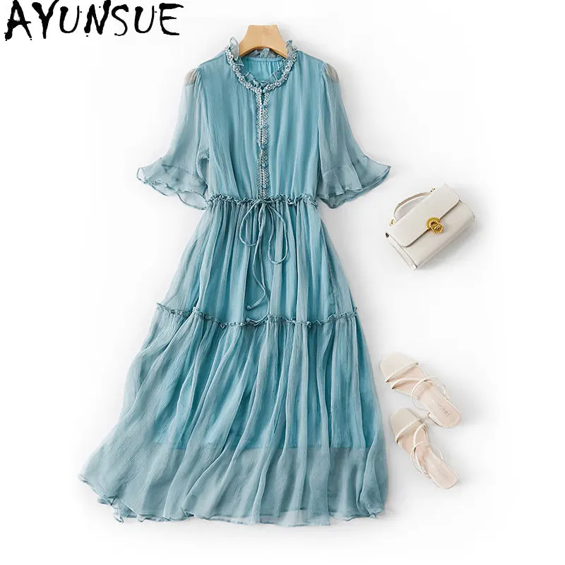 

95% Mulberry Silk Dress Summer New Solid Mid Length Swing Dresses for Women Beach Outfit for Women's Clothing Vestido Feminino
