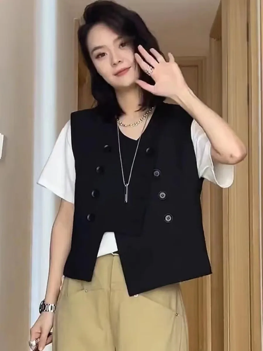 Women Vest Black Double-breasted Vintage Sleeveless Cardigan Cropped Jacket Irregular Coat Office Lady Tank Tops New Vests