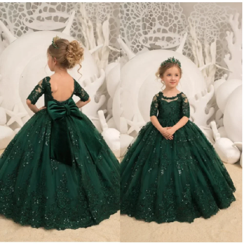 Emerald Green Long Princess Flower Girl Dresses Appliques Bow Tulle Half Sleeve Wedding Party Ball Gown Birthday Pageant Robe