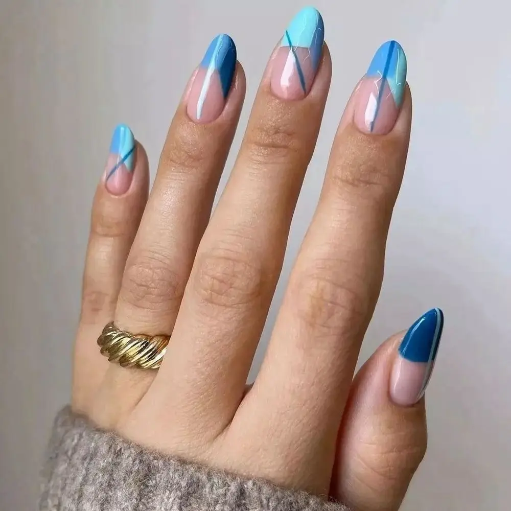 24pcs Blue Almond False Nails Abstract Geometry Style Wearable French  Stiletto Fake Nails Full Cover Nail Tips Press On Nails| | - AliExpress