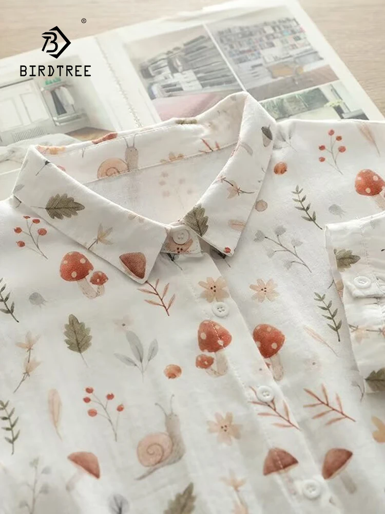 

New Spring Cotton Printed Shirt Women Lapel Half Sleeve Literature Tops Girl Loose Commute Sweet Blouses 2024 Autumn T448153QC