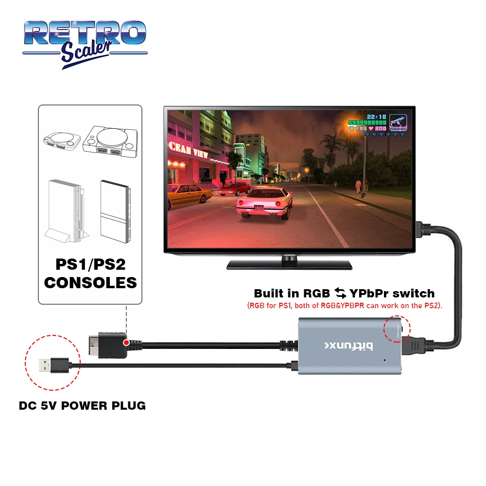 PS2 to HDMI Adapter PS2 HDMI Cable PS2 to HDMI Converter Support HDMI  4:3/16:9 Switch, Works for Playstation 1/Playstation 2 and PS3. PS1 Adapter