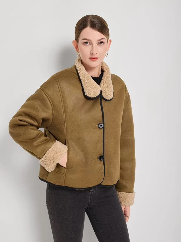 Solid Lamb Wool Coat Women Casual Lapel Single Breasted Pocket Loose Short Warm Jacket New Commute Office Jackets 2025 Winter
