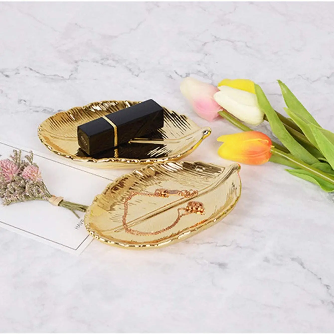 1PC Ceramic Jewelry Plate Ceramic Gold Leaf Plate European Ceramic Jewelry Storage Plate Home Decoration