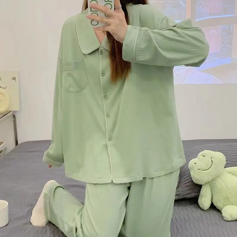 Pajamas for Women Ensemble Femme 2 Pièces Casual Simple Pyjamas Solid Color Pijama Mujer Long Sleeve Pants Home Suit