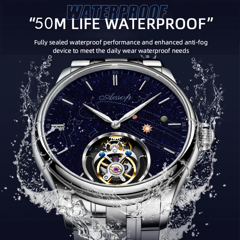 Super AESOP Flying Tourbillon Watch for Men Milky Way Star Sapphire Dial Luxury Steel Band Male Mechanical WristWatches 1963 3