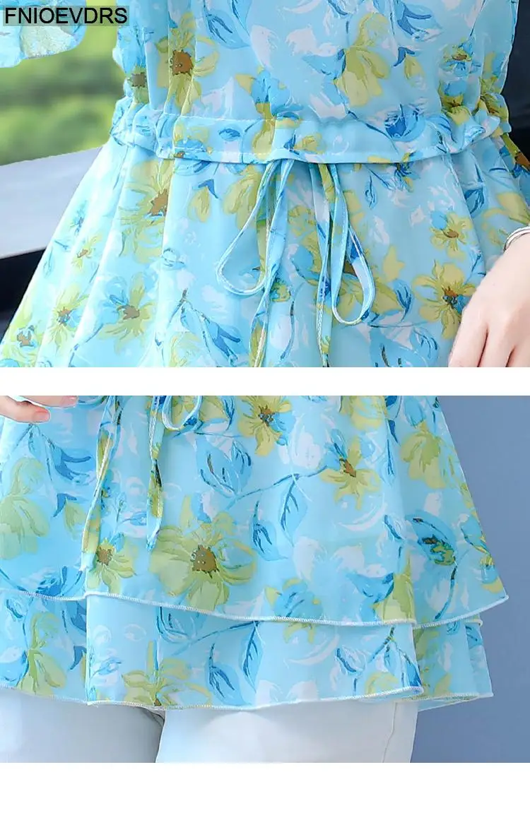 S-4XL Loose Clothes 2023 Women Summer Slim Waist Drawstring Ruffles Shirts Casual Chiffon Floral Tunic Peplum Tops And Blouses