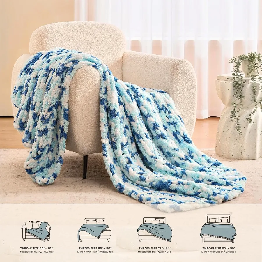 Chunky Knit Blanket Throw: 60''x80'' Chenille Chunky Knitted Throw Blankets for Twin Bed Couch Handmade Thick Cable Knit Blanke