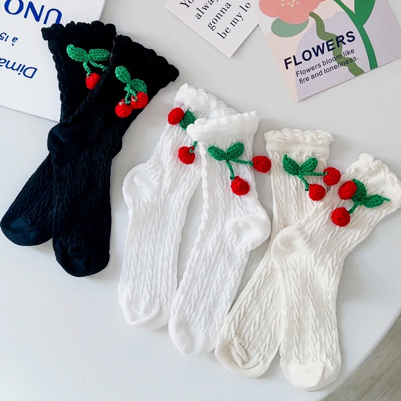 

Women Cotton Socks Solid Color Cherry Sweet Spring Lolita Princess White Socks Girls Gift Female Kawaii Harajuku Fashion Winter