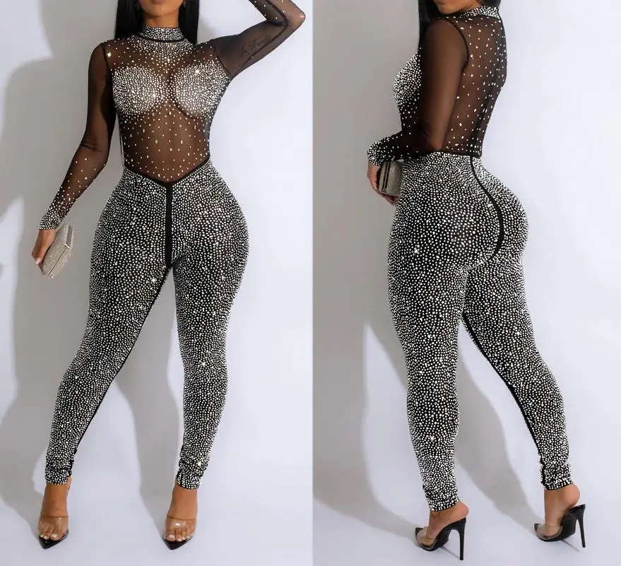 Women's Sexy Tight Mesh Hot Diamond Long Sleeve Pants Jumpsuit 2023 New Hot Selling Fashion Women's Wear nylon mesh tube pet wire sleeving spiral wrapping expandable insulated braid tight 6mm to 8mm cable sleeve