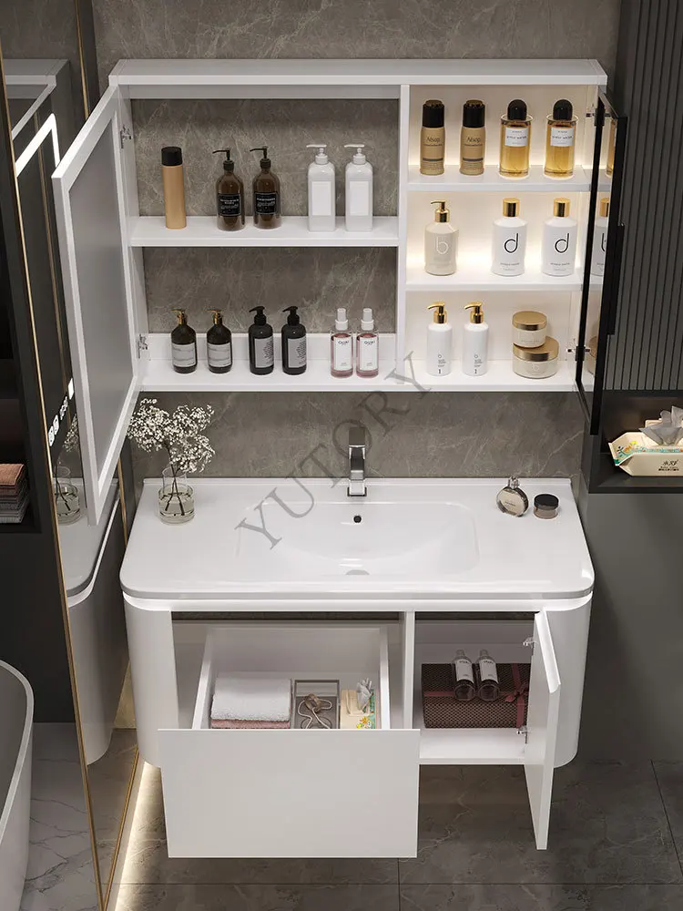 Light luxury solid wood ceramic integrated basin smart bathroom cabinet combination washbasin toilet washstand