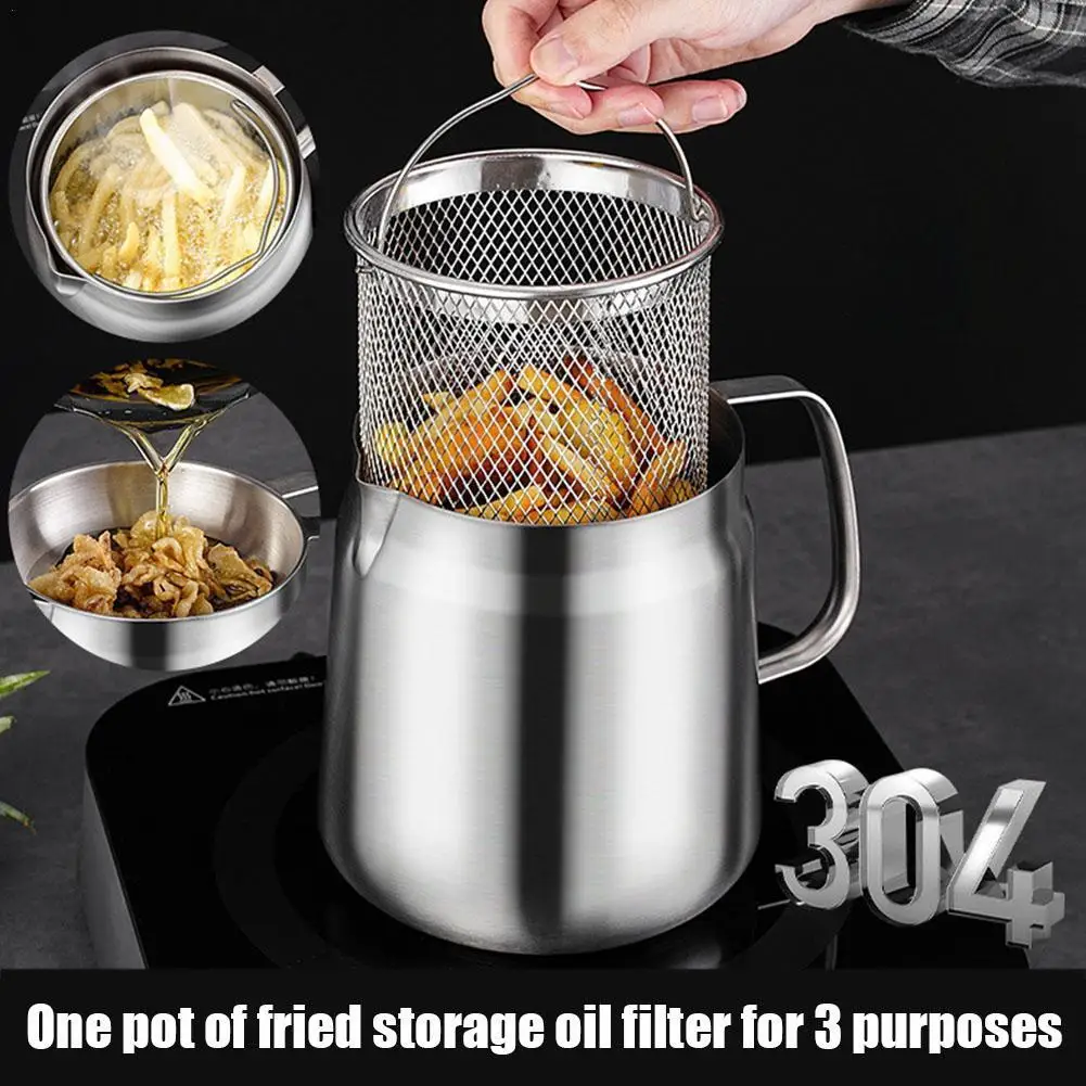 

Stainless Steel Oil Filter Pot Kitchen Oil Container Can with Strainer Tempura Fryer Pan Pot Chicken Fried Chicken Cooking Tools