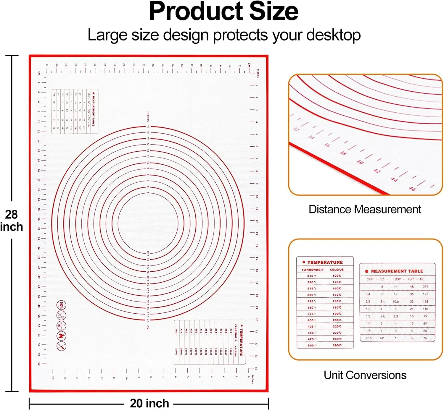 Silicone Pastry Baking Mat with Measurements Heat Resistant BPA Free Non-Stick Non-Slip Pastry Mat for Rolling Dough