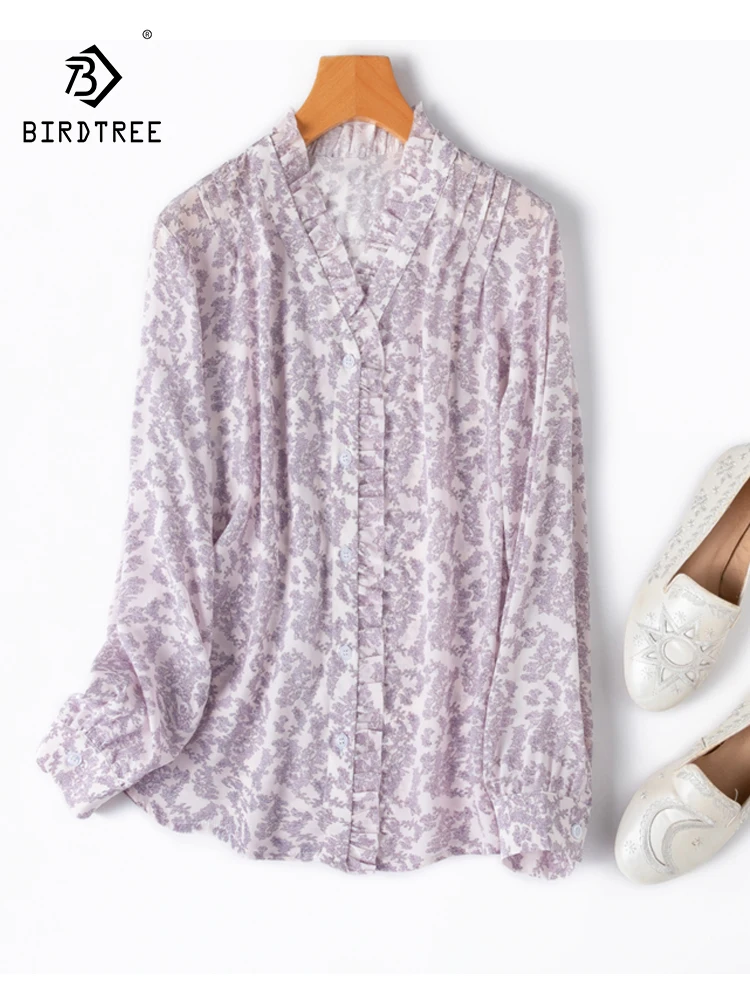 

BirdTree, 100%Real Silk Elegant Shirt, Women Long Sleeve Flower Printed, French Versatile Commute Blouse, 2024 Spring T43239QC