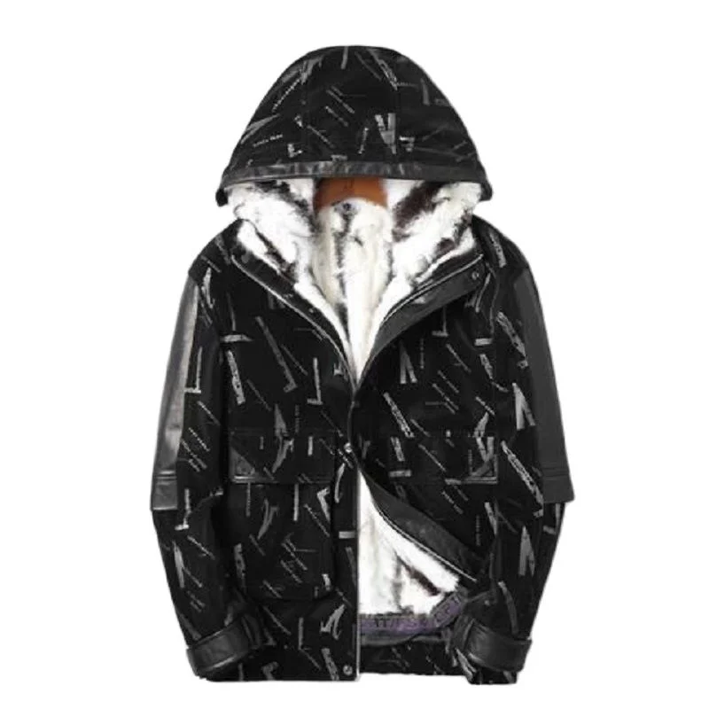 

2024 new arrival winter natural sheepskin leather hooded jackets men,mink fur liner parkas coat PDD45