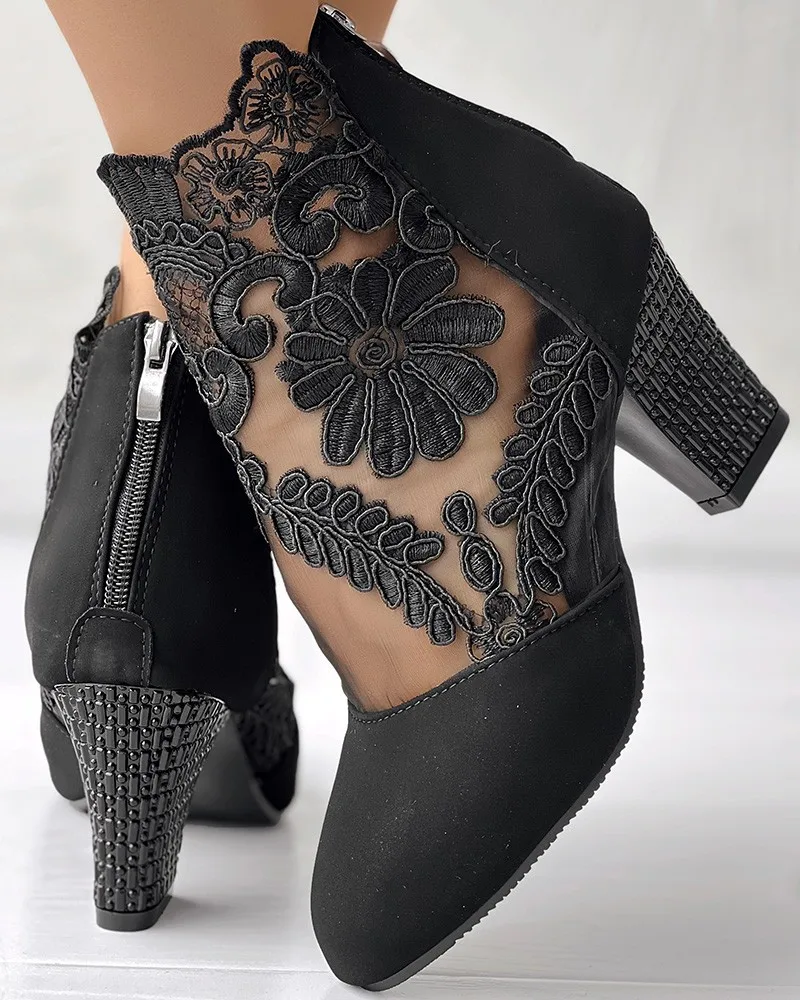 Boots Women's Sandals High Heel Lace Floral Embroidery Patch Chunky Heel Ankle Boot