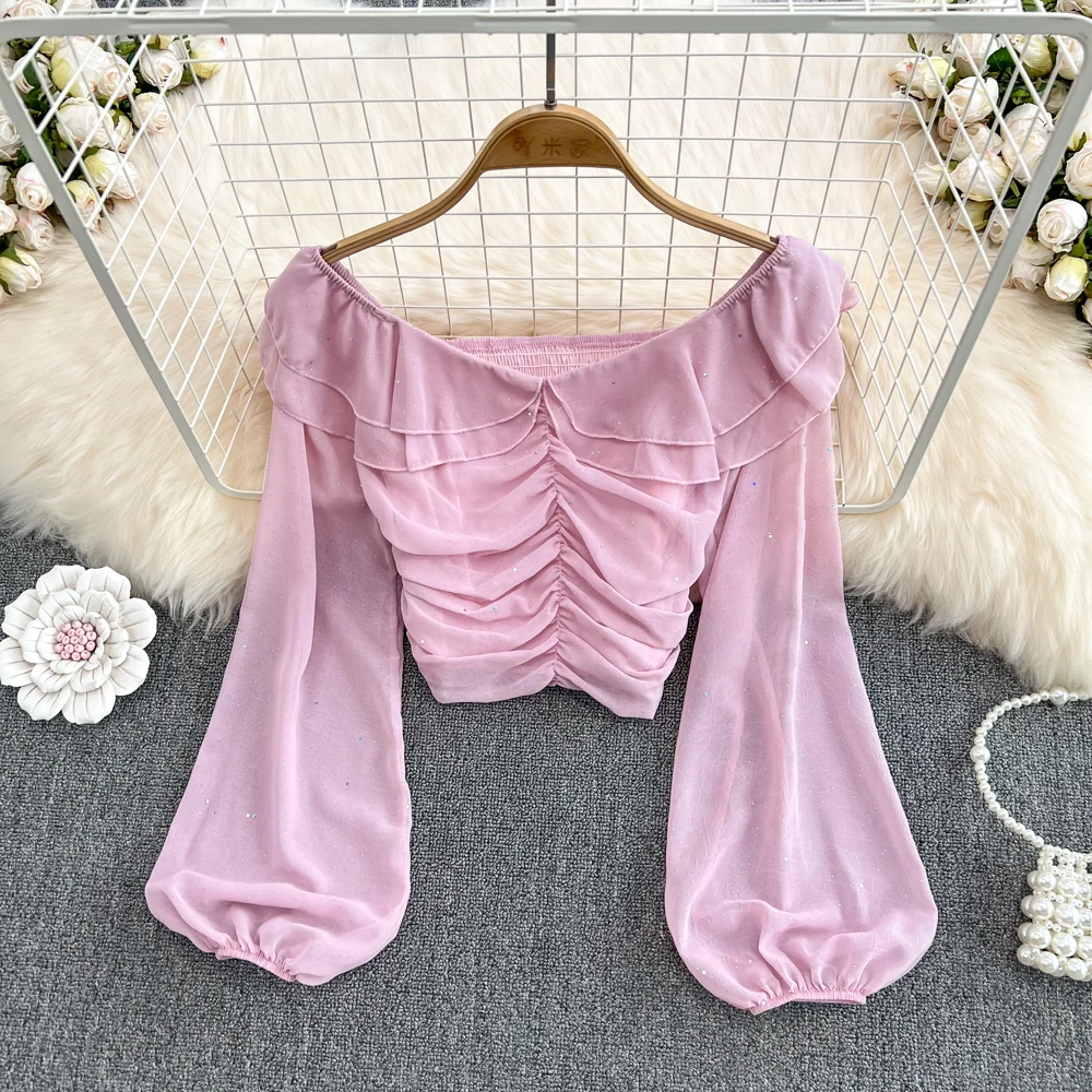 

Western-style One-shoulder Ruffled Pleated Top Feminine Slim Fit and Thin Short Off-the-shoulder Long-sleeved Chiffon Shirt