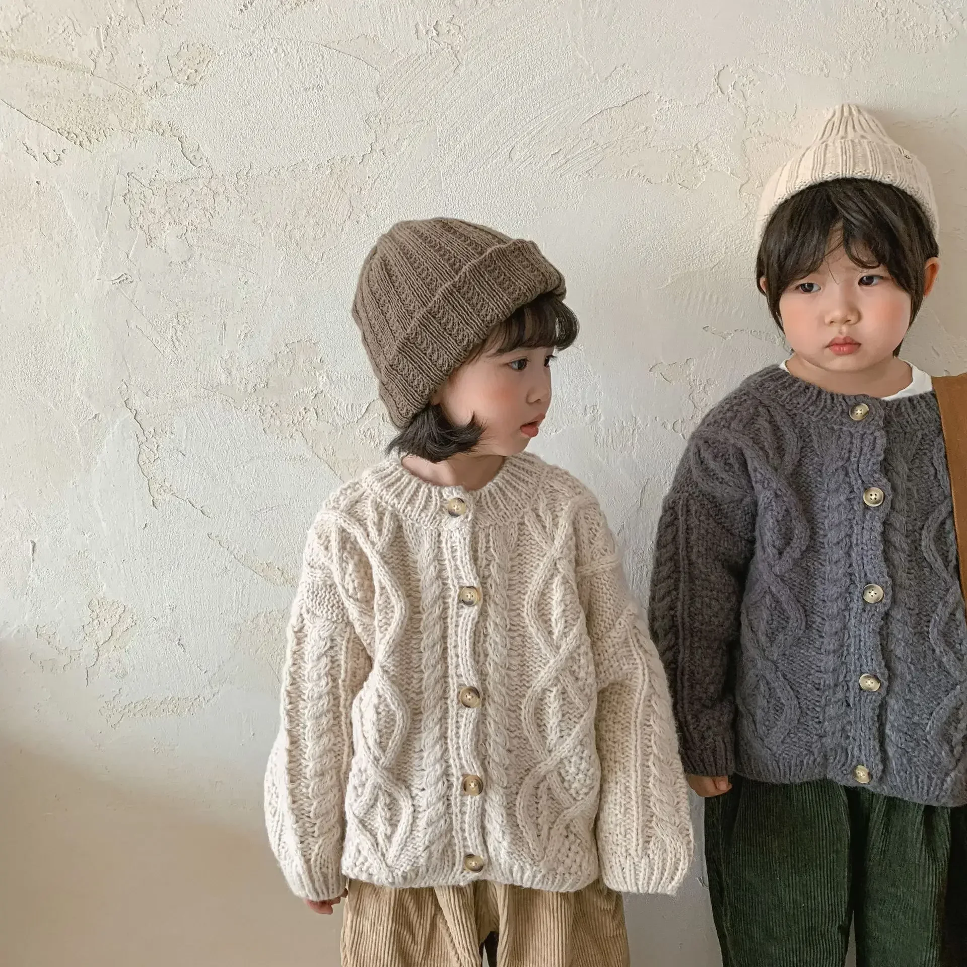 2pcs Korean Children Sweaters Cardigan Autumn And Winter Baby Coarse Wool Hemp Retro Cardigan