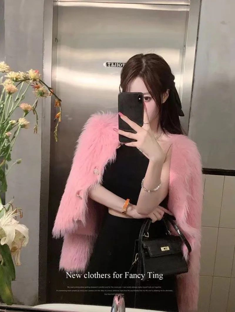 Cropped White Knitted Cardigan Women Korean Mink Cashmere Sweater Outerwear Black Long Sleeve Knitwear Winter Jumpers New