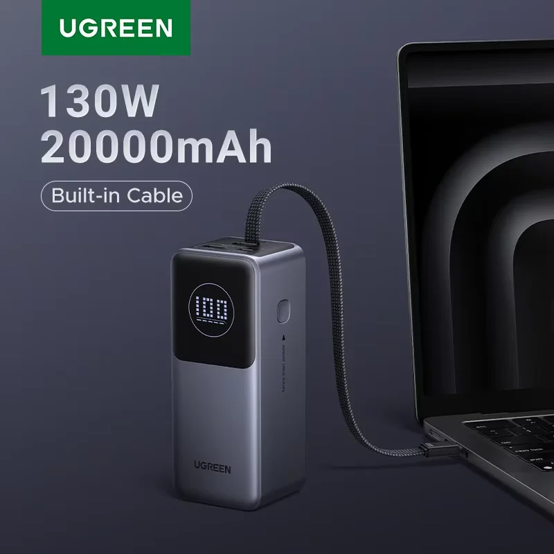UGREEN Nexode 130 W 20000 mAh Power Bank, integriertes Typ-C-Kabel, 100 W tragbarer Akku, externe PowerBanks, Schnellladung für Laptop - AliExpress 202192403