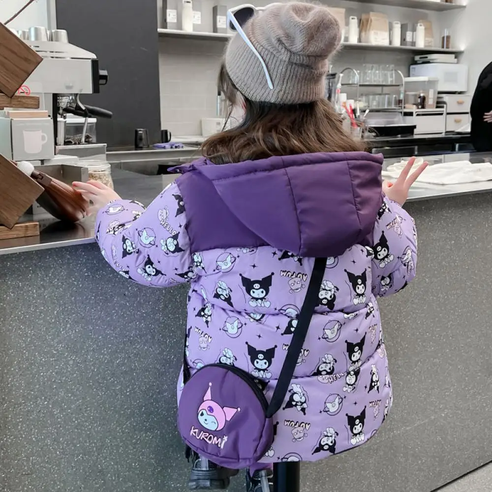 Sanrio Kuromi Girls Cotton Clothes Autumn Winter Plus Velvet Thicken Coat Cartoon Leisure Cotton Coat Jacket Children's Clothing