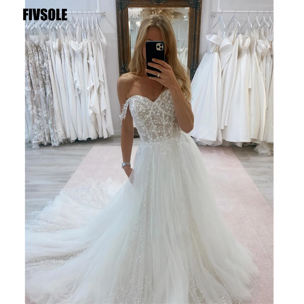 

Fivsole Sweetheart Wedding Dress A-Line Tulle Bride Gowns Custom Made Elegant Lace Vestidos De Novia Robe De Mariée With Train