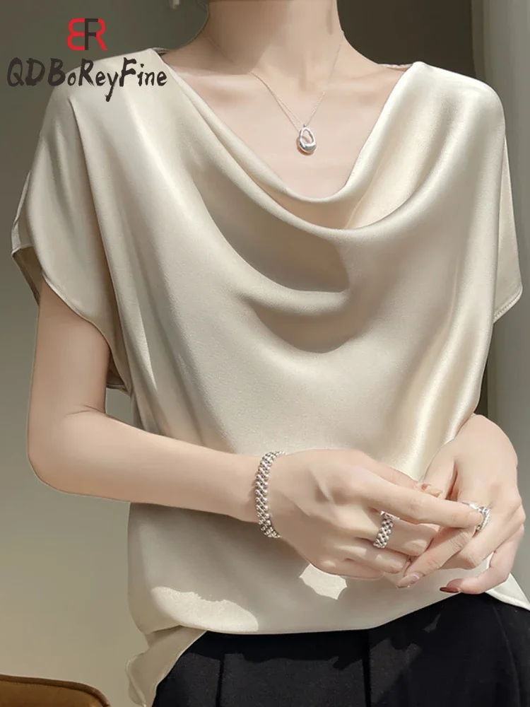 Camiseta De Verano Para Mujer, Camisa De Satén De Manga Corta, Camiseta Holgada Informal De Satén Con Cuello Redondo, Tops Para Mujer Compra Barata En