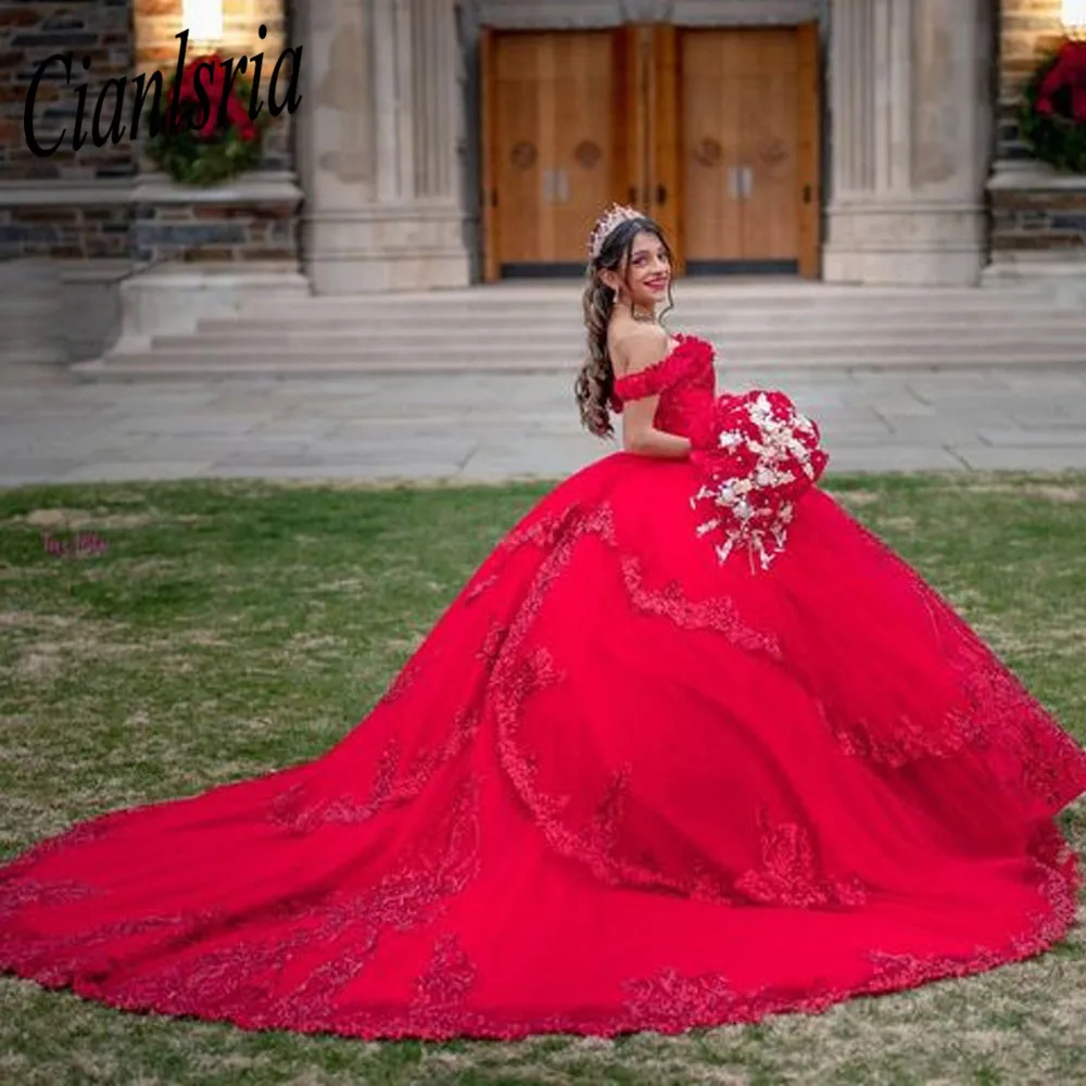 

Red Off The Shoulder Quinceanera Dresses Ball Gown Floral Appliques Lace Bow Back Corset For Sweet 15 Girls Party