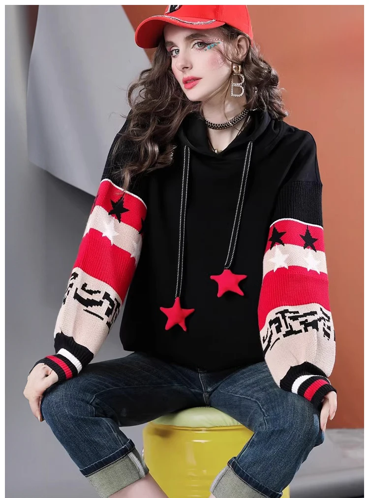 سترة نسائية بغطاء للرأس على شكل نجمة - سويت شيرت كبير الحجم مع رباط |   بلوفر كاجوال