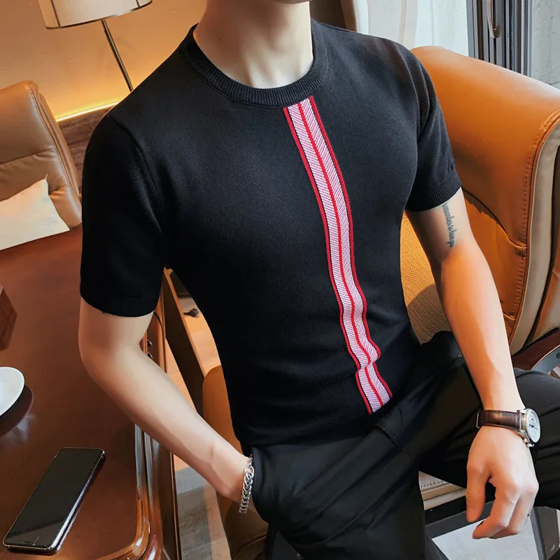 

2023 Tops British style Men's Summer Casual Short Sleeve T-Shirts/Male Slim Fit O-Neck Fashion Knitted T-Shirt Plus Size S-4XL