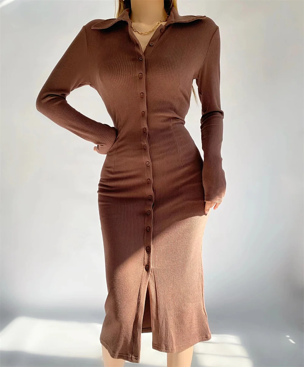 

Spring new street style solid color square collar single-breasted long-sleeved dress women's casual elastic tight dress women