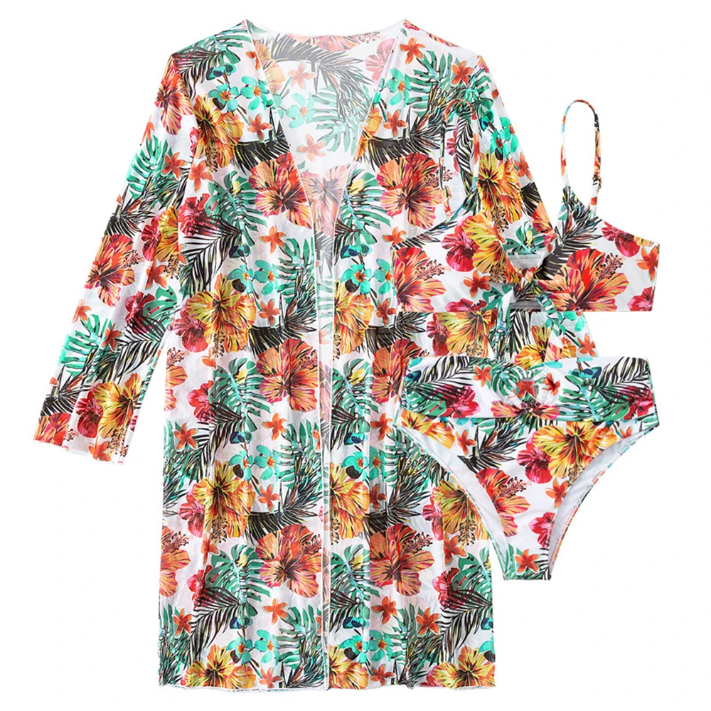 Bikini Women 11 Colors Sexy High Waist Bikini 3 Pieces Floral Print Swimsuit With Mesh Long-Sleeved Blouse Brazilian
